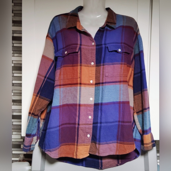 Old Navy - Loose Flannel Boyfriend Plaid Shirt Sz- L - Picture 2 of 5
